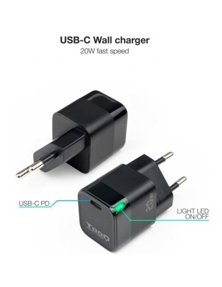 TooQ TQWC-PD20 Cargador de Pared USB-C PD20W Negro