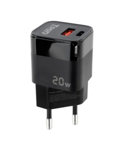 TooQ TQWC-QCPD20 Cargador de Pared USB-C/PD + USB-A/QC 20W Negro