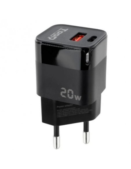 TooQ TQWC-QCPD20 Cargador de Pared USB-C/PD + USB-A/QC 20W Negro
