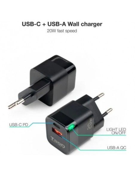 TooQ TQWC-QCPD20 Cargador de Pared USB-C/PD + USB-A/QC 20W Negro