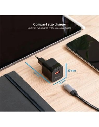 TooQ TQWC-QCPD20 Cargador de Pared USB-C/PD + USB-A/QC 20W Negro