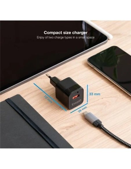 TooQ TQWC-QCPD20 Cargador de Pared USB-C/PD + USB-A/QC 20W Negro
