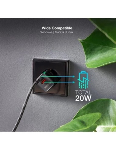 TooQ TQWC-QCPD20 Cargador de Pared USB-C/PD + USB-A/QC 20W Negro