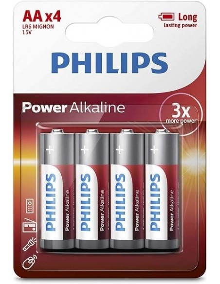 Philips Alkaline Power Pilas Alcalinas AA LR06 1.5V Pack 4 Unidades