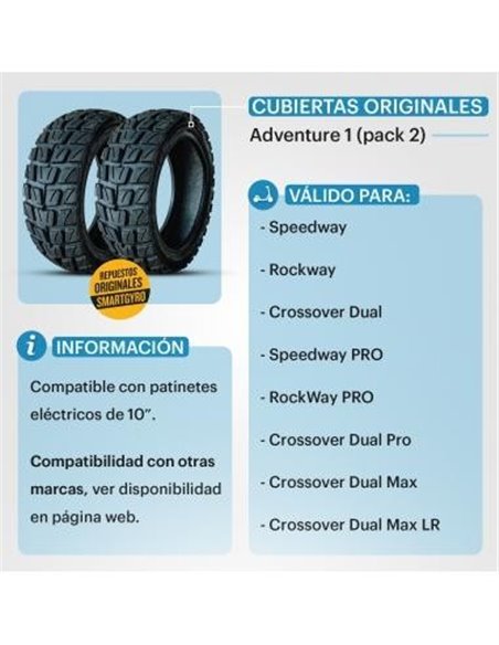 SmartGyro Adventure1 Pack 2 Cubiertas sin GEL para Patinetes SmartGyro Tubeless Speedway/Rockway/Crossover