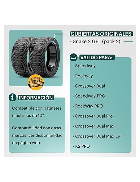 SmartGyro Street1 Pack 2 Cubiertas con GEL para Patinetes SmartGyro Tubeless Speedway/Rockway/Crossover
