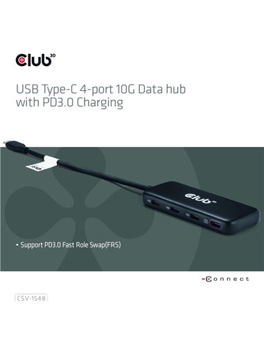 Club 3D CSV-1548 Hub USB-C de 4 Puertos 10Gb con PD3.0