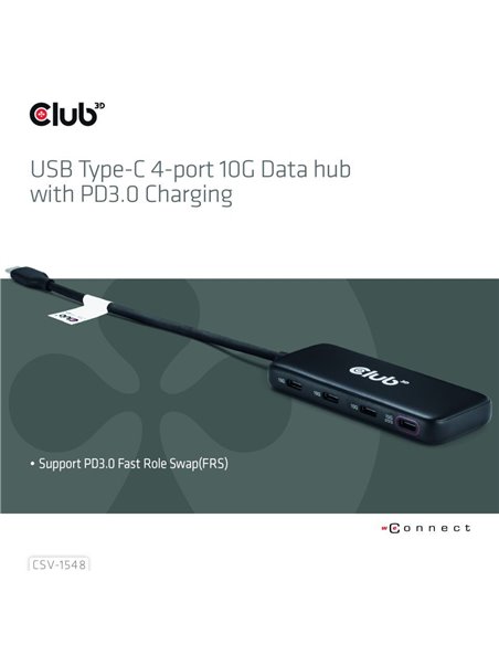 Club 3D CSV-1548 Hub USB-C de 4 Puertos 10Gb con PD3.0