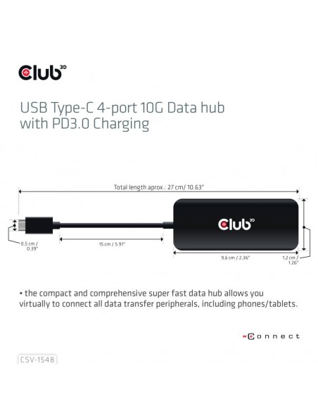 Club 3D CSV-1548 Hub USB-C de 4 Puertos 10Gb con PD3.0