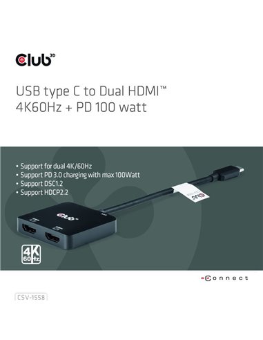 Club 3D CSV-1558 Adaptador USB-C a HDMI Dual 4K/60Hz + PD 100W
