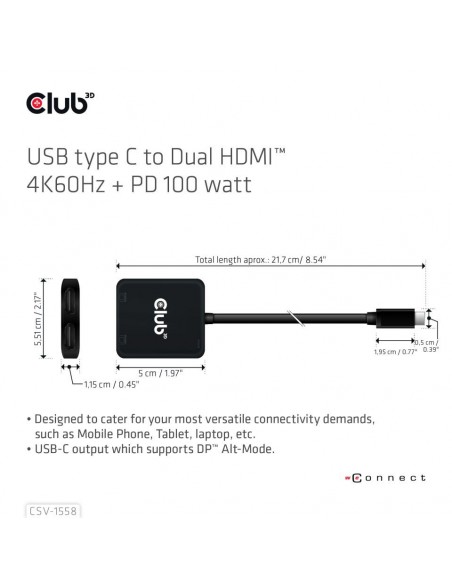 Club 3D CSV-1558 Adaptador USB-C a HDMI Dual 4K/60Hz + PD 100W