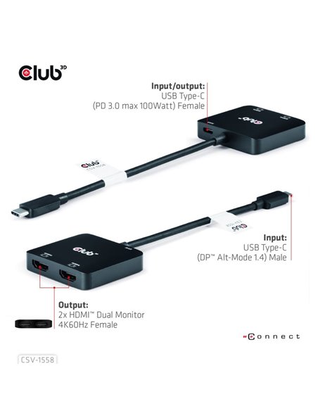 Club 3D CSV-1558 Adaptador USB-C a HDMI Dual 4K/60Hz + PD 100W