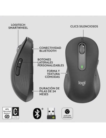 Logitech Signature M650 L Left Ratón Óptico Inalámbrico para Zurdos 2000DPI Gris