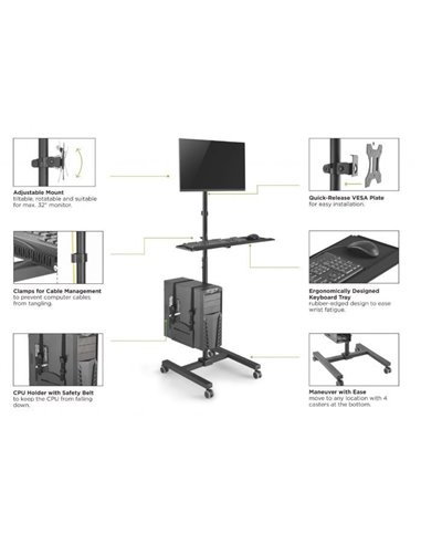 Equip 650171 Soporte Monitor de Suelo con Ruedas Workstation 1 Pantalla 17-32" 8KG Negro