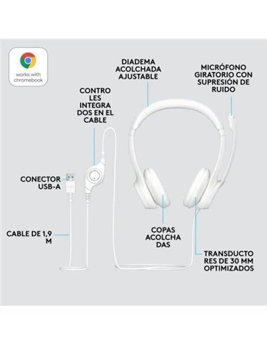Logitech H390 Auriculares con Cable y Supresión de Ruido funciona con Chromebook Blancos