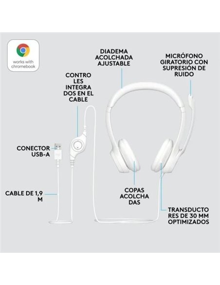 Logitech H390 Auriculares con Cable y Supresión de Ruido funciona con Chromebook Blancos