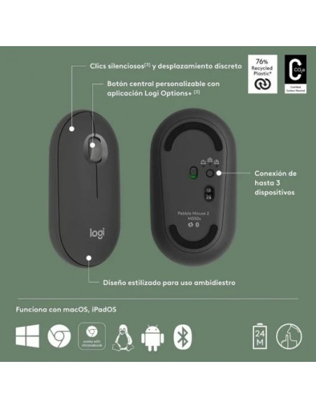 Logitech Pebble Mouse 2 M350s Ratón Bluetooth Clics Discretos