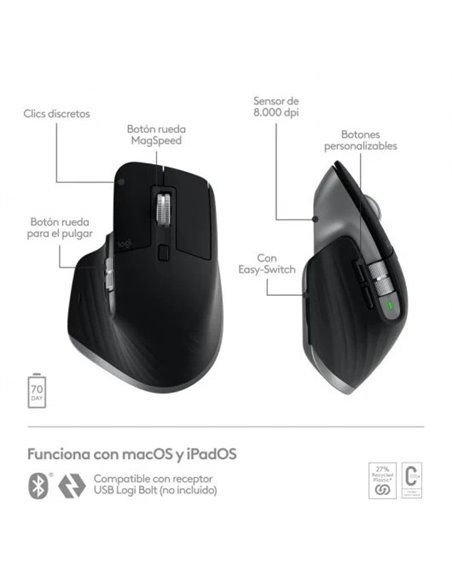 Logitech MX Master 3S para Mac, Apple, iPad, Funciona sobre cristal con Clics Silencioso, USB-C Negro
