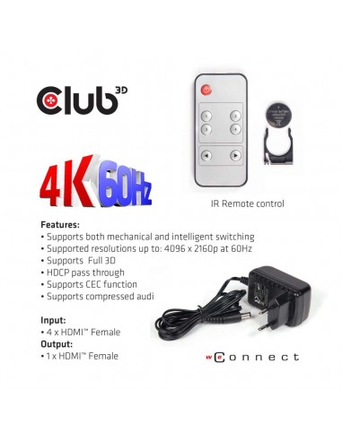 Club 3D CSV-1370Conmutador HDMI 2.0 UHD 4K