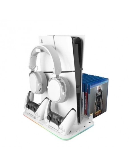 Mars Gaming MPS5-B2 Soporte Neón RGB PS5 Slim Estándar y Digital con Cargador Doble de Mandos Blanco