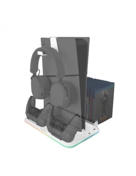 Mars Gaming MPS5-B2 Soporte Neón RGB PS5 Slim Estándar y Digital con Cargador Doble de Mandos Blanco