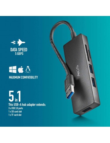 NGS IHUB READER HUB USB-A 3.2 5000Mbit/s a 3x USB 3.0 / SD / MicroSD Negro