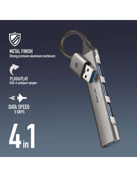 NGS IHUB4 MICRO HUB 4 Puertos USB-A 3.2 5000Mbit/s a 1x USB 3.2 / 3x USB Plata
