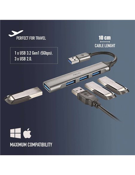 NGS IHUB4 MICRO HUB 4 Puertos USB-A 3.2 5000Mbit/s a 1x USB 3.2 / 3x USB Plata