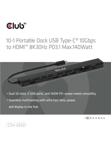 Club 3D Docking Station 10en1 USB-C de 10 Gbps, HDMI 8K30Hz PD3.1 140W