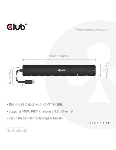 Club 3D Docking Station 10en1 USB-C de 10 Gbps, HDMI 8K30Hz PD3.1 140W
