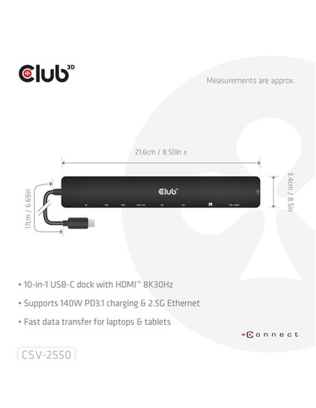 Club 3D Docking Station 10en1 USB-C de 10 Gbps, HDMI 8K30Hz PD3.1 140W