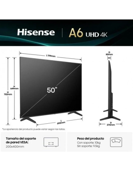Hisense 50A6Q 50" LED UltraHD 4K Dolby Audio VIDAA Televisor