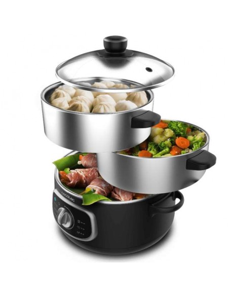 Cecotec Vapovita SteelPot Vaporera eléctrica de 1300W, con 3 Recipientes de Acero Inoxidable y 10L