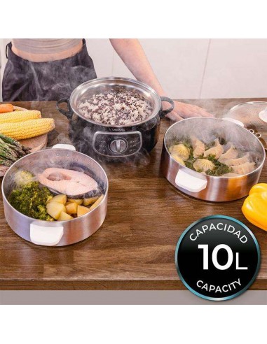 Cecotec Vapovita SteelPot Vaporera eléctrica de 1300W, con 3 Recipientes de Acero Inoxidable y 10L