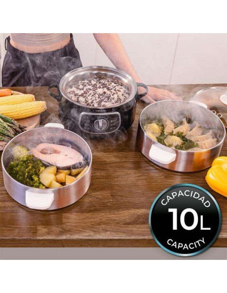 Cecotec Vapovita SteelPot Vaporera eléctrica de 1300W, con 3 Recipientes de Acero Inoxidable y 10L
