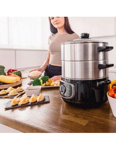 Cecotec Vapovita SteelPot Vaporera eléctrica de 1300W, con 3 Recipientes de Acero Inoxidable y 10L