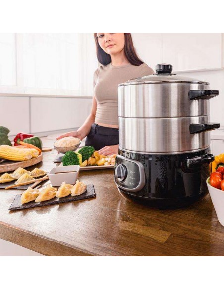 Cecotec Vapovita SteelPot Vaporera eléctrica de 1300W, con 3 Recipientes de Acero Inoxidable y 10L