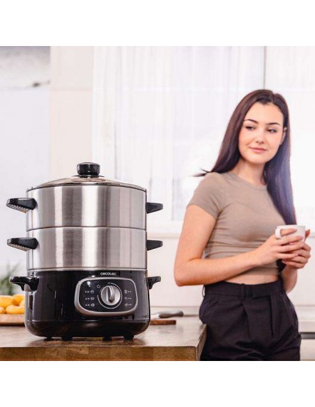 Cecotec Vapovita SteelPot Vaporera eléctrica de 1300W, con 3 Recipientes de Acero Inoxidable y 10L