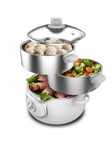 Cecotec Vapovita SteelPot White Vaporera Eléctrica de 1300W, con 3 Recipientes de Acero Inoxidable y 10L Capacidad
