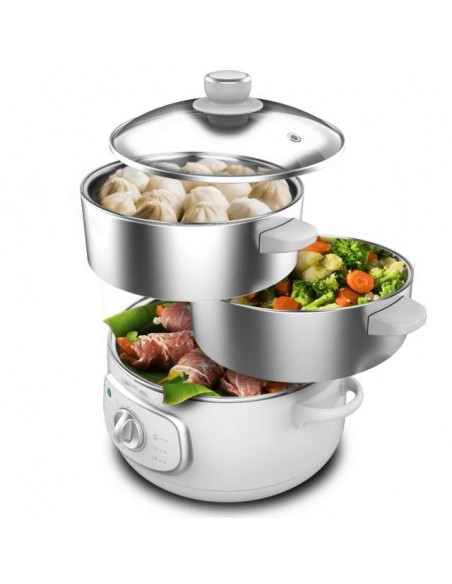 Cecotec Vapovita SteelPot White Vaporera Eléctrica de 1300W, con 3 Recipientes de Acero Inoxidable y 10L Capacidad