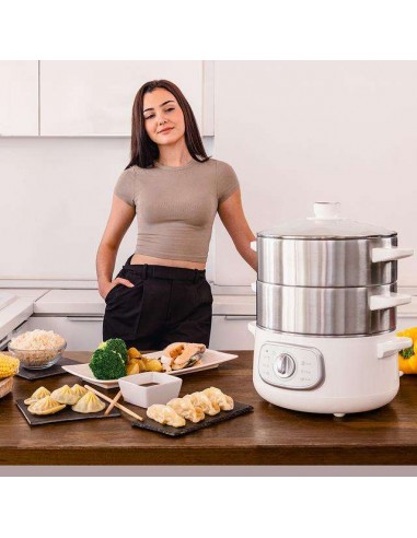 Cecotec Vapovita SteelPot White Vaporera Eléctrica de 1300W, con 3 Recipientes de Acero Inoxidable y 10L Capacidad