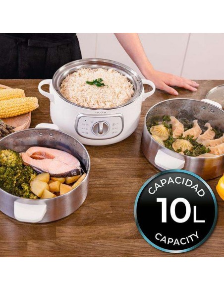 Cecotec Vapovita SteelPot White Vaporera Eléctrica de 1300W, con 3 Recipientes de Acero Inoxidable y 10L Capacidad