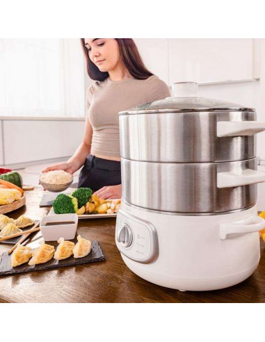 Cecotec Vapovita SteelPot White Vaporera Eléctrica de 1300W, con 3 Recipientes de Acero Inoxidable y 10L Capacidad