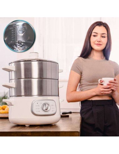 Cecotec Vapovita SteelPot White Vaporera Eléctrica de 1300W, con 3 Recipientes de Acero Inoxidable y 10L Capacidad