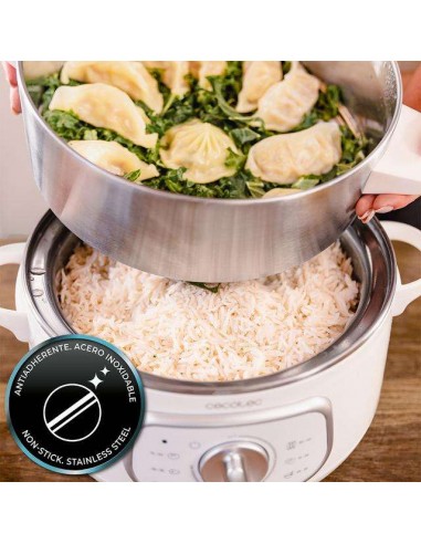 Cecotec Vapovita SteelPot White Vaporera Eléctrica de 1300W, con 3 Recipientes de Acero Inoxidable y 10L Capacidad