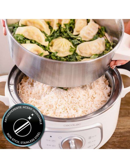 Cecotec Vapovita SteelPot White Vaporera Eléctrica de 1300W, con 3 Recipientes de Acero Inoxidable y 10L Capacidad