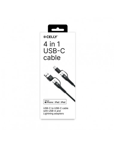 Celly USBC4IN1 Cable USB-C a USB-C de 60W + Adaptadores USB-A y Lightning Negro