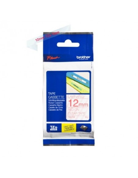 Brother TZe-132 12mm Cinta Roja sobre Transparente Laminada Resistente 8m Rotuladoras