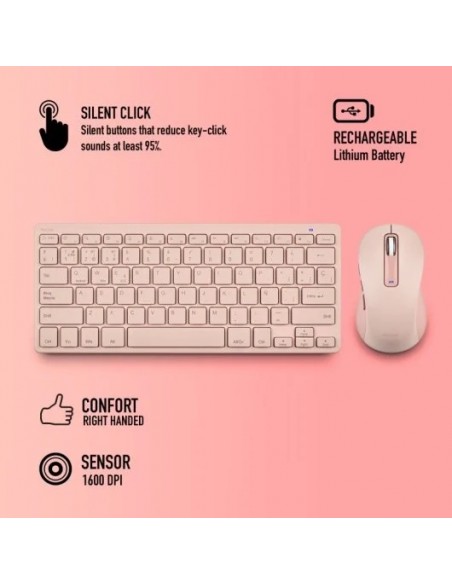 NGS Fantasy Kit Blue Combo Teclado y Ratón Inalámbrico Recargable Silencioso Rosa