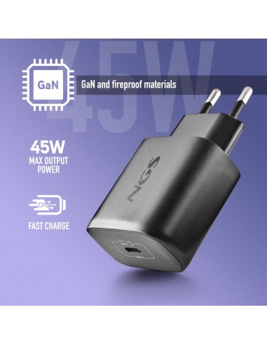 NGS BUD45W-C Cargador de Pared GaN 45W 1xUSB-C con Cable Incluido 1.5m
